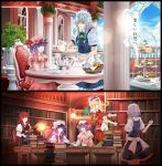  6+girls apron arkatopia balcony basket blonde_hair blue_hair book_stack bookshelf cake chair closed_eyes crescent cup demon_girl demon_wings dress flandre_scarlet food hat hat_ribbon head_wings hong_meiling interlocked_fingers izayoi_sakuya juliet_sleeves koakuma library long_sleeves maid maid_headdress mob_cap multiple_girls patchouli_knowledge piggyback pink_dress plant potted_plant puffy_short_sleeves puffy_sleeves purple_hair red_eyes redhead remilia_scarlet ribbon shirt short_sleeves side_ponytail silver_hair sitting smile star table teacup teapot the_embodiment_of_scarlet_devil touhou violet_eyes waist_apron wings 