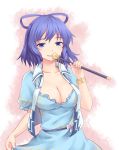  1girl aqua_dress blue_eyes blue_hair bracelet breasts cleavage collarbone dress dress_tug flower hair_ornament hair_rings hair_stick jewelry kaku_seiga large_breasts looking_at_viewer miyo_(ranthath) open_clothes open_vest puffy_sleeves sash smile solo touhou vest 