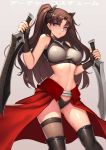  1girl archer archer_(cosplay) bare_shoulders black_gloves black_legwear blue_eyes blush breasts brown_hair cosplay cowboy_shot crop_top evan_yang fate/stay_night fate_(series) fingerless_gloves gloves hair_ribbon highres kanshou_&amp;_bakuya long_hair looking_at_viewer navel reverse_grip ribbon solo thigh-highs tohsaka_rin toosaka_rin two_side_up very_long_hair 