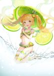  1girl bikini blonde_hair food food_themed_clothes fruit green_eyes happy high_heels highres lime_(fruit) long_hair original saban solo swimsuit twintails umbrella water white_background 
