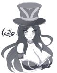  1girl bare_shoulders breasts caitlyn_(league_of_legends) character_name cleavage collar gloves hat highres huge_breasts jcdr league_of_legends long_hair monochrome simple_background smile solo white_background 