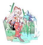  2girls albino bamboo bamboo_forest blue_eyes blue_hair boots bow cirno dress fire forest fujiwara_no_mokou full_body hair_bow hair_ornament hair_ribbon ice ice_wings long_hair long_sleeves looking_at_another melting moyashi_seizoujo multiple_girls nature open_mouth pants puffy_sleeves red_eyes ribbon shirt short_hair short_sleeves smile sweat touhou water white_hair wings 