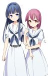  2girls arm_grab belt blue_eyes blue_hair dress hime_cut hirose_sumire itsumi_(itumiyuo) long_hair miyanaga_teru multiple_girls neckerchief red_eyes redhead sailor_dress saki school_uniform short_hair standing white_background white_dress 