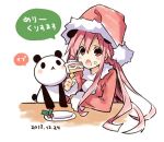  cake choujigen_game_neptune christmas eating food hat long_hair neptune_(series) panda panda_ears red_eyes redhead santa_costume santa_hat shakeko_(choujigen_game_neptune) sketch tsunako 