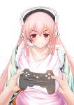  &gt;:( 1girl blush breast_grab breasts frown headphones highres hoshi_yoshimi large_breasts long_hair looking_at_viewer nitroplus pink_hair red_eyes solo super_sonico 