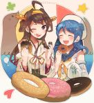  2girls ahoge bite_mark black_eyes blue_hair brown_hair closed_eyes clover detached_sleeves double_bun doughnut eating food food_on_face four-leaf_clover gloves gloves_removed hairband hat heart itomugi-kun japanese_clothes kantai_collection kongou_(kantai_collection) long_hair looking_at_viewer multiple_girls nontraditional_miko one_eye_closed open_mouth seal sprinkles star urakaze_(kantai_collection) wide_sleeves 