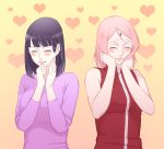  2girls blush closed_eyes facial_mark forehead_mark hal_(sakurajam) haruno_sakura heart hyuuga_hinata long_hair multiple_girls naruto pink_hair purple_hair smile 