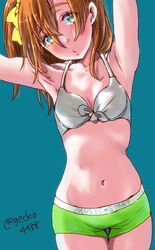  armpits arms_up blue_eyes blush bow bra gecko4488 hair_bow kousaka_honoka looking_at_viewer love_live!_school_idol_project midriff navel open_mouth orange_hair short_hair side_ponytail twitter_username underwear 