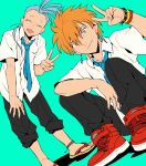  2boys anklet blue_hair bracelet brown_eyes chichiri_(fushigi_yuugi) closed_eyes dutch_angle earrings flip-flops fushigi_yuugi jewelry looking_at_viewer male_focus multiple_boys necktie open_mouth sandals school_uniform shoes short_hair sitting smile tasuki_(fushigi_yuugi) tetsukuzu_tetsuko v 