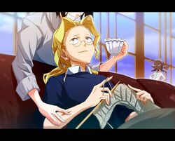  1boy 2girls 71 black_hair blonde_hair casual cup dark_skin glasses hand_on_another&#039;s_arm hououmaru_rei iori_shirou kill_la_kill kiryuuin_satsuki knitting knitting_needle long_hair multiple_girls needle purple_hair short_hair smile teacup 