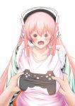  1girl blush breast_grab breasts frown headphones highres hoshi_yoshimi large_breasts long_hair looking_at_viewer nitroplus o_o open_mouth pink_hair solo super_sonico wavy_mouth 