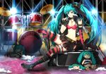  1girl aqua_eyes aqua_hair arm_support belt bikini_top boots bow candy collar copyright_name cross doll drum drum_set electric_guitar fingerless_gloves garters gloves greetload guitar hair_bow hatsune_miku highres instrument jewelry knee_boots lollipop long_hair looking_at_viewer nail_polish navel necklace night platform_footwear shirt sitting skirt solo spiked_collar spikes striped striped_legwear striped_shirt thigh-highs torn_clothes torn_thighhighs twintails very_long_hair vest vocaloid 