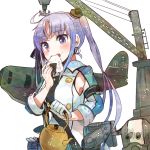  1girl ahoge airplane akitsushima_(kantai_collection) crane earrings eating food food_on_face gloves hair_ornament itomugi-kun jewelry kantai_collection kettle long_hair machinery mismatched_gloves onigiri purple_hair rice_on_face side_ponytail solo turret violet_eyes 