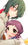  2boys 2girls aquarion_(series) aquarion_evol blush gloves green_eyes green_hair hair_ornament hoshihuri jin_musou kawazu_yuno multiple_boys multiple_girls purple_hair short_hair tsukishima_shin yunoha_thrul 