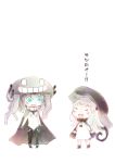  2girls :d ahoge blue_eyes commentary_request dress headgear hinata_yuu horns kantai_collection long_hair mittens multiple_girls northern_ocean_hime open_mouth shinkaisei-kan silver_hair smile translation_request white_dress white_hair white_skin wo-class_aircraft_carrier wo-class_aircraft_carrier_(cosplay) 