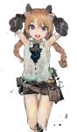  1girl :d animal_ears armpits arms_behind_head belt braid brown_hair cropped_legs gloves looking_at_viewer open_mouth original pouches shorts sleeveless smile solo teeth twin_braids uturo violet_eyes white_background 