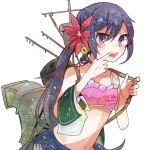  1girl akebono_(kantai_collection) bell bra flower hair_bell hair_flower hair_ornament itomugi-kun kantai_collection long_hair looking_at_viewer machinery midriff mouth_pull navel pink_bra purple_hair shirt_removed side_ponytail solo tongue tongue_out underwear violet_eyes 