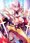  1girl breasts cleavage doku-chan_(dokkudokudoku) highres huge_breasts lips original pink_eyes pink_hair smile solo sword thighs weapon 