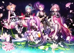  1boy 5girls bare_shoulders blue_eyes blue_hair bow brown_hair crossed_legs dorothy_west green_eyes hair_bow hat houjou_sophie irua leona_west long_hair looking_at_viewer manaka_lala minami_mirei multiple_girls one_eye_closed otoko_no_ko pink_eyes pink_hair ponytail pripara purple_hair short_hair side_ponytail smile striped striped_legwear toudou_shion twintails yellow_eyes 