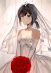  1girl bare_shoulders black_eyes black_hair bouquet bridal_veil bride choker collarbone dress elbow_gloves flower fubuki_(kantai_collection) gloves hews_hack holding holding_flower kantai_collection red_rose rose short_hair short_ponytail small_breasts smile solo strapless_dress tears tiara veil wedding_dress white_dress white_gloves 