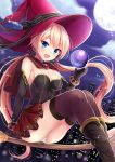  1girl :d black_gloves blonde_hair blue_eyes blush bow breasts broom broom_riding brown_legwear capelet clouds elbow_gloves fingerless_gloves full_moon gloves harimoji hat hat_bow highres long_hair looking_at_viewer low_twintails moon night night_sky open_mouth orb original panties pantyshot pantyshot_(sitting) sitting skirt sky smile solo sparkle thigh-highs twintails underwear very_long_hair witch_hat 
