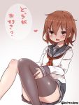  1girl anchor_symbol blush brown_eyes brown_hair commentary_request fang hair_ornament hairclip ikazuchi_(kantai_collection) kantai_collection long_sleeves mitsudoue neckerchief open_mouth school_uniform serafuku short_hair skirt solo thigh-highs translation_request twitter_username 