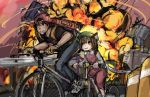  1boy 1girl :3 animal_ears backpack backwards_hat bag baseball_cap bicycle bkub_(style) brown_hair cat_ears chen crossover explosion fingerless_gloves gloves golden_boy hat honk_honk mob_cap ooe_kintarou pan!ies touhou 