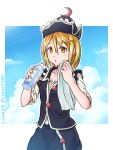  1girl blonde_hair blue_sky bottle character_name clouds crescent hat looking_at_viewer lunasa_prismriver mumyuu outdoors short_hair short_sleeves skirt skirt_set sky solo sweat touhou towel triangle_mouth unbuttoned water_bottle wiping_sweat yellow_eyes 