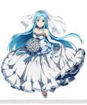  1girl asuna_(sao-alo) blue_eyes blue_hair bouquet breasts cleavage collarbone diadem dress elbow_gloves flower gloves library long_hair pointy_ears see-through simple_background small_breasts smile solo strapless strapless_dress sword_art_online sword_art_online:_code_register voile watermark white_background white_gloves 