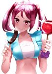  1girl akabane_rin candy_apple chocolate_banana hair_ornament highres kantai_collection long_hair pink_eyes pink_hair sazanami_(kantai_collection) smile swimsuit tongue twintails 