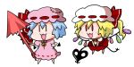  2girls :3 :d bat_wings blonde_hair blue_hair bow brooch chibi commentary_request detached_wings dress flandre_scarlet hat hat_bow jewelry mob_cap multiple_girls noai_nioshi open_mouth patch pink_dress pink_hat puffy_short_sleeves puffy_sleeves red_bow red_dress remilia_scarlet short_hair short_sleeves simple_background smile touhou white_background white_hat wings |_| 