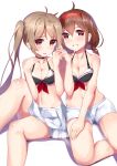  2girls ahoge bikini_top blush breasts brown_hair choker hairband henet_hene holding_hands kantai_collection long_hair looking_at_viewer multiple_girls murasame_(kantai_collection) navel red_eyes shiratsuyu_(kantai_collection) short_hair shorts simple_background sitting skirt twintails white_background 