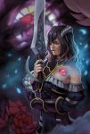  1girl bangs bloodstained:_ritual_of_the_night breasts cleavage flower holding lips long_hair miriam_(bloodstained) payot petals phamoz rose solo sword tattoo weapon 