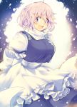  1girl :d blue_eyes blush breasts dress iroyopon juliet_sleeves large_breasts layered_dress letty_whiterock long_sleeves looking_at_viewer no_hat open_mouth puffy_sleeves smile snow solo teeth touhou turtleneck turtleneck_sweater white_hair 