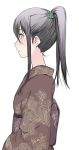  1girl black_hair eyeliner highres japanese_clothes kimono makeup obi original ponytail sash shiro_shougun simple_background solo upper_body white_background 