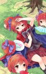  1girl book bow cape disembodied_head fan folding_fan food food_in_mouth fruit grass hair_bow hand_on_head holding holding_book lying makuwauri on_back reading red_eyes redhead sekibanki short_hair short_sleeves skirt solo touhou tree watermelon 