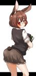  1girl amonitto animal_ears ass blush book brown_hair bunny_tail carrying glasses highres looking_at_viewer original rabbit_ears red_eyes shirt short_hair short_sleeves skirt solo tail vest 