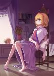  1girl alice_margatroid barefoot blonde_hair blue_dress blue_eyes bookshelf capelet chair curtains dress full_body hairband highres indoors looking_away pillow ribbon short_hair sitting solo touhou ziran_juan 