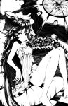  1girl barefoot bow frills hair_bow indoors long_hair looking_at_viewer monochrome nightgown polpol reiuji_utsuho sitting solo touhou 