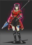  1girl alternate_costume aura black_hair bloodstained:_ritual_of_the_night blue_eyes boots brown_hair gauntlets gradient gradient_background gradient_hair hair_ornament highres miriam_(bloodstained) multicolored_hair polearm spear stained_glass weapon 
