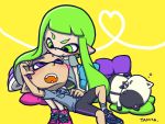  1boy 1girl bike_shorts blue_hair blush cat dress_shirt eye_contact fangs green_eyes green_hair heart inkling jajji-kun_(splatoon) lap_pillow looking_at_another pillow pointy_ears ponytail purple_hair shirt shoes sitting sneakers splatoon t-shirt tama_2400 tentacle_hair violet_eyes yellow_background 