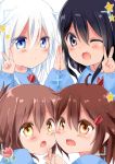  4girls akatsuki_(kantai_collection) black_eyes black_hair blue_eyes brown_eyes brown_hair fang flower hair_ornament hairclip half_updo hibiki_(kantai_collection) highres ikazuchi_(kantai_collection) inazuma_(kantai_collection) kantai_collection kindergarten_uniform looking_at_viewer multiple_girls namekuzi_mame one_eye_closed open_mouth palms_together star tulip v white_hair yellow_eyes younger 