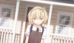  1girl backpack bag blonde_hair blouse blue_eyes blurry depth_of_field hair_ornament highres house leaf_hair_ornament looking_up magicians_(zhkahogigzkh) original smile solo tagme 