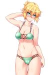  1girl arm_behind_head bikini blonde_hair blush breasts collarbone cowboy_shot green_bikini green_eyes highres looking_at_viewer mizuhashi_parsee navel ootsuki_wataru short_hair solo swimsuit touhou transparent_background 