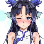  1girl :&lt; bare_shoulders black_hair blue_eyes blush chinese_clothes close-up head_fins highres horns incipient_kiss karin_(p&amp;d) long_hair looking_at_viewer one_eye_closed puzzle_&amp;_dragons solo tat_(t-55-t) 