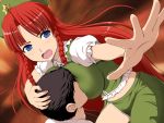 1boy 1girl beret blue_eyes blush braid breast_smother breasts chinese_clothes diisuke hat hong_meiling impossible_clothes large_breasts open_mouth short_sleeves thighs touhou twin_braids 