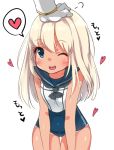  1boy 1girl ;) admiral_(kantai_collection) blonde_hair blue_eyes blush gloves heart kantai_collection kuritomo long_hair one_eye_closed petting ro-500_(kantai_collection) school_uniform simple_background smile swimsuit swimsuit_under_clothes tan tanline white_background white_gloves 