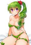  1girl bare_shoulders breasts dryad_(terraria) green_hair large_breasts looking_at_viewer naso4 pointy_ears ponytail simple_background smile solo terraria thighs violet_eyes white_background 