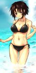  1girl absurdres beach bikini black_hair blush breasts brown_eyes brown_hair collarbone head_tilt highres kotoba_noriaki looking_at_viewer navel original short_hair smile solo swimsuit wading 