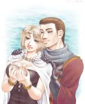  1boy 1girl arisen_(dragon&#039;s_dogma) arusha bangle blonde_hair blue_eyes bracelet breasts brown_hair bustier cape chainmail circlet cleavage couple dragon&#039;s_dogma facial_hair gauntlets hand_on_another&#039;s_shoulder hetero jewelry large_breasts maximilian_eizenstern scar short_hair smile stubble 